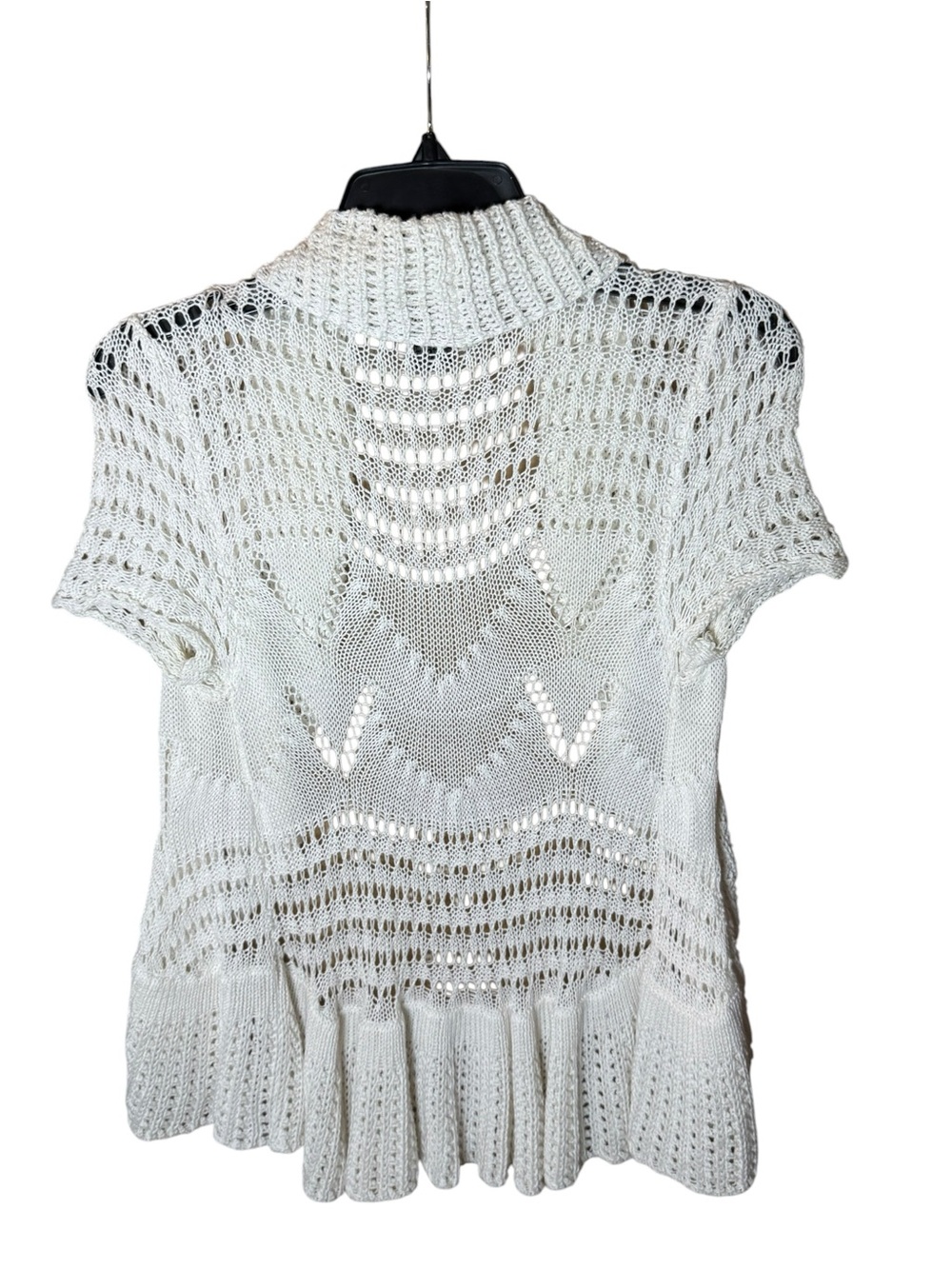 Say What? White Open-Knit Short Sleeve Draped Collar Boho Cardigan Size Small - Picture 5 of 6